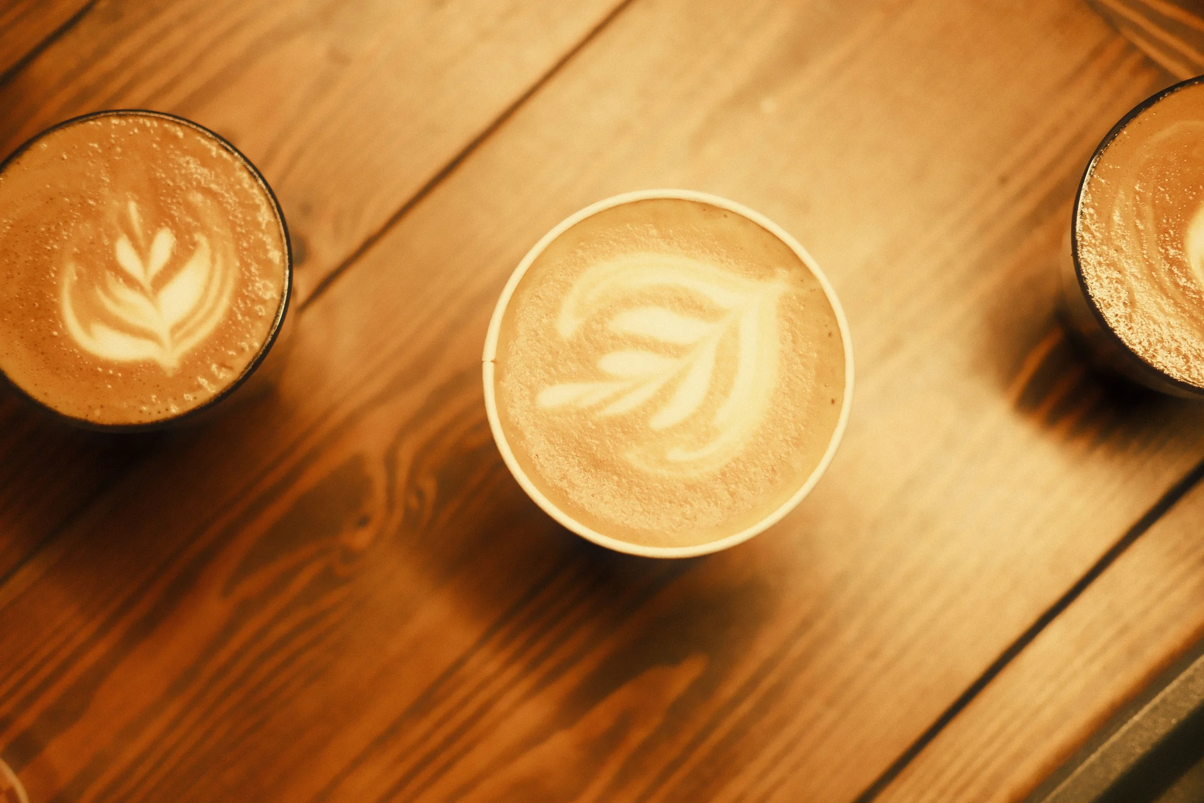 Three lattes with leaf art on a sunlit wooden table